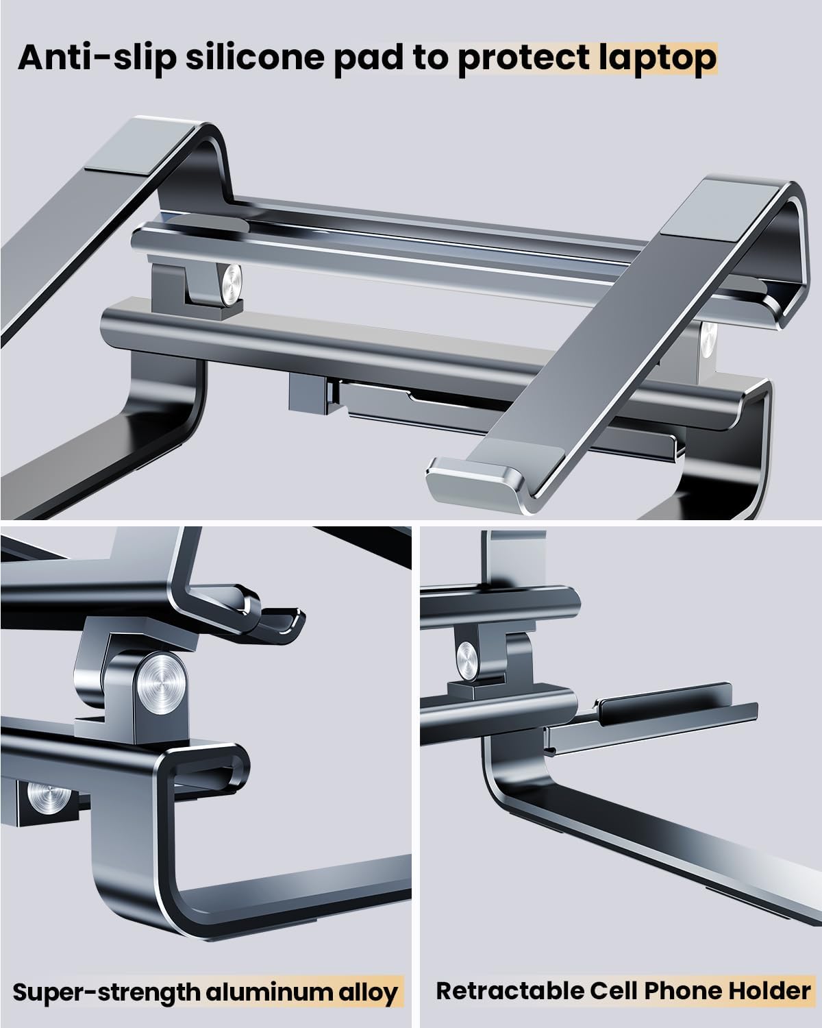 Adjustable Aluminum Laptop Stand with Hidden Phone Holder for Desk