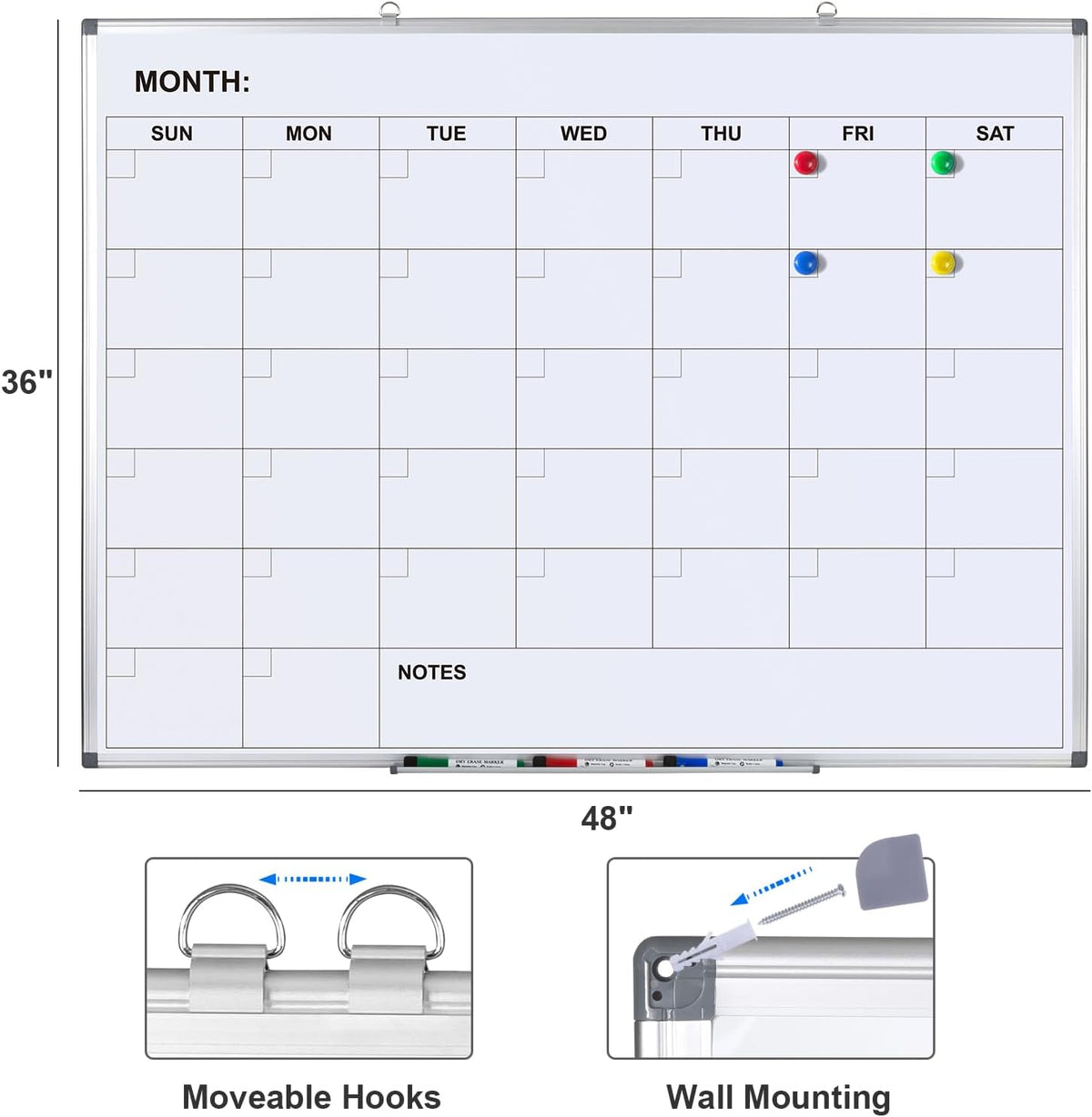 Comix Magnetic Monthly Calendar Whiteboard, 48 x 36 Inches Wall Planner