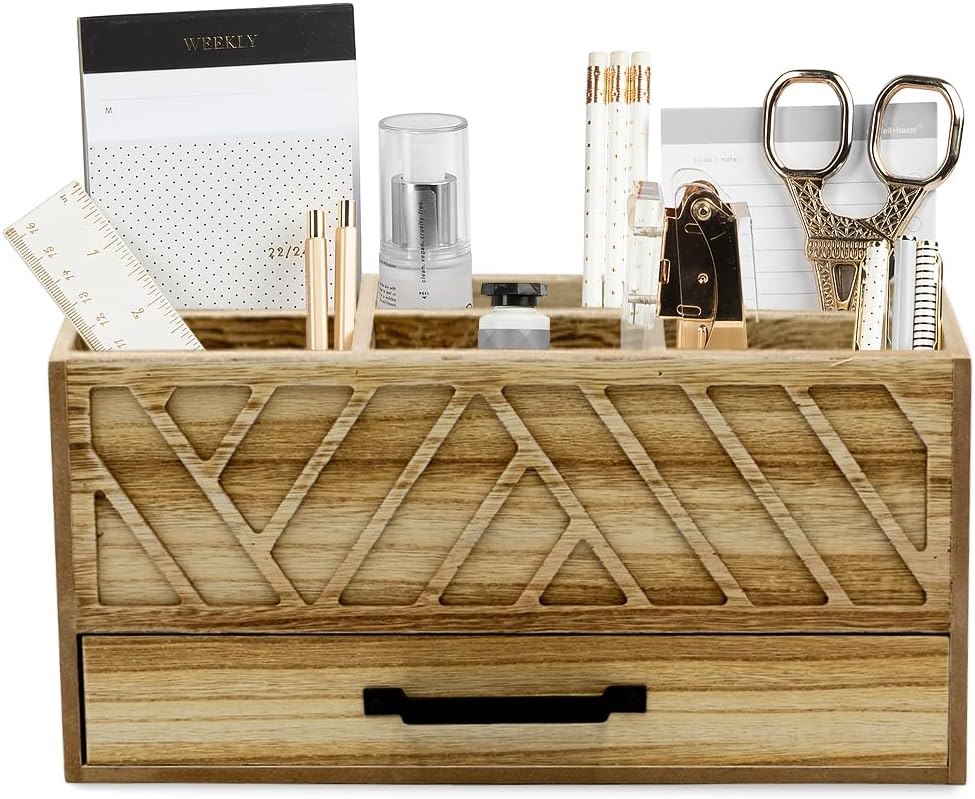 BLU MONACO Natural Wood Desktop Pen Organizer with Drawer - Stylish and Versa...