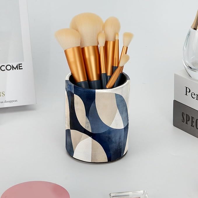 Leather Pen Holder for Desk, Abstract Geometric Blue Brown Print Pencil Cup - Image 6