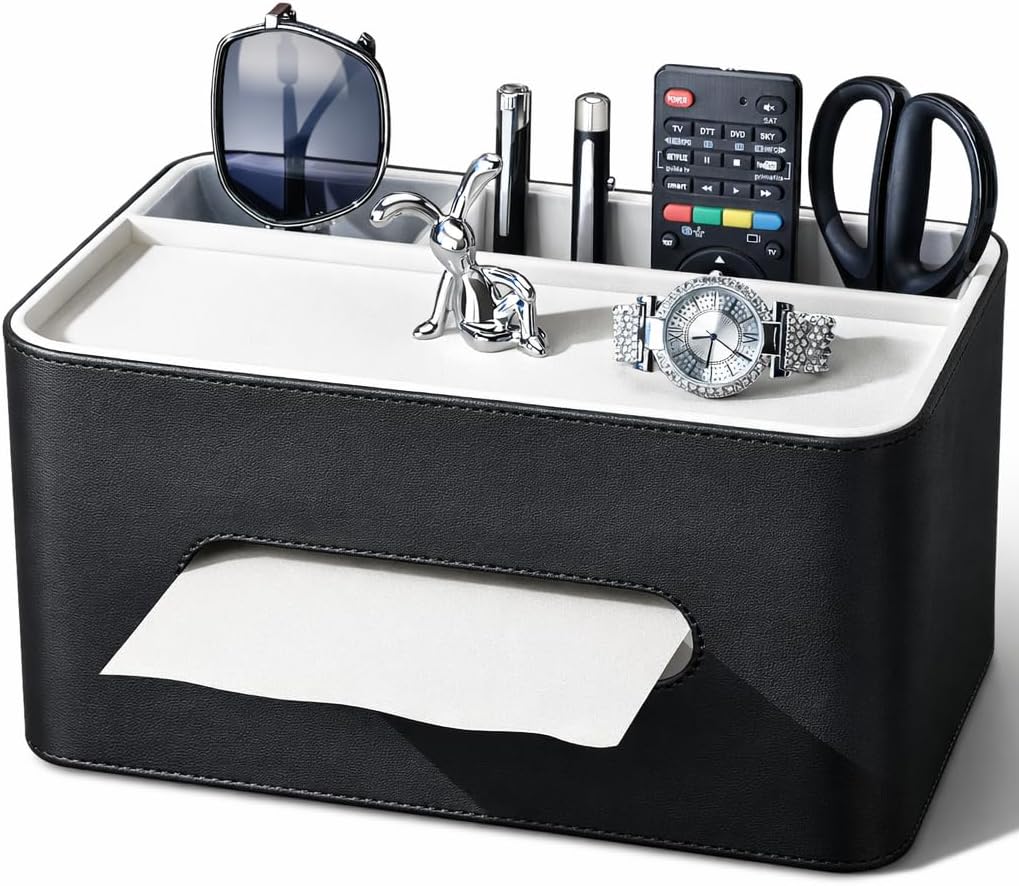 PU Leather Tissue Box Cover Rectangular with Storage Organizer Tray, Multifun...