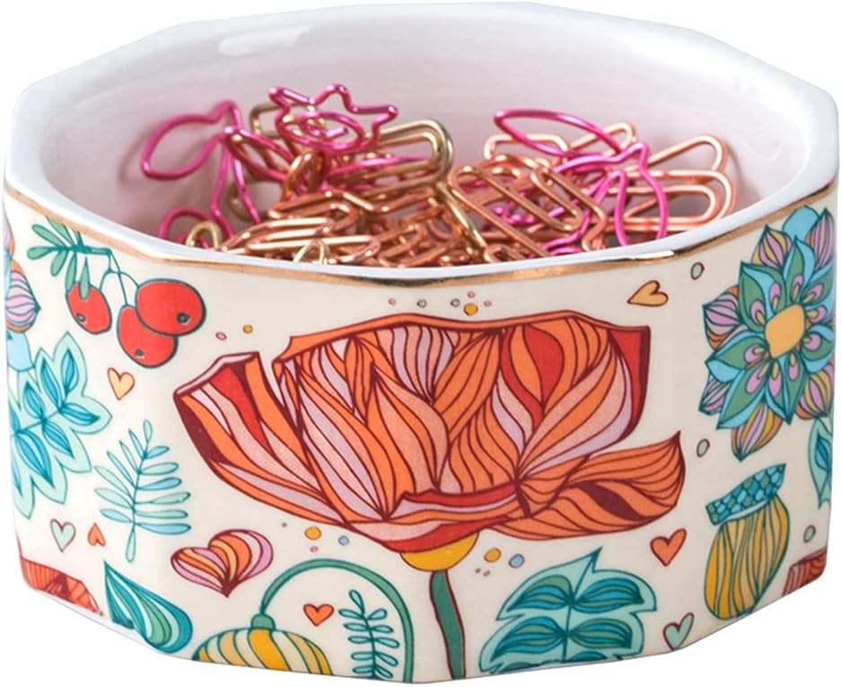 Ceramic Paper Clip Holder Paper Clip Dispenser Organizer for Desk Cute Office Binder Clip Holder Bobby Pin and Hair Clip Holder (01-Flower)
