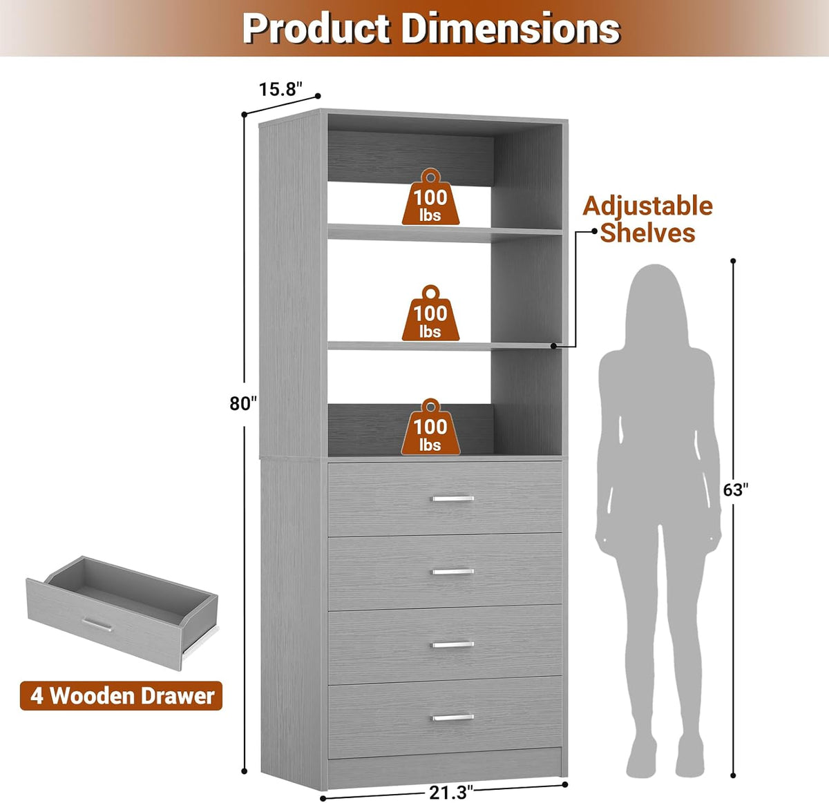 Aheaplus Closet Drawers System, 21.3" Wood Closet Organizer with 4 Drawers