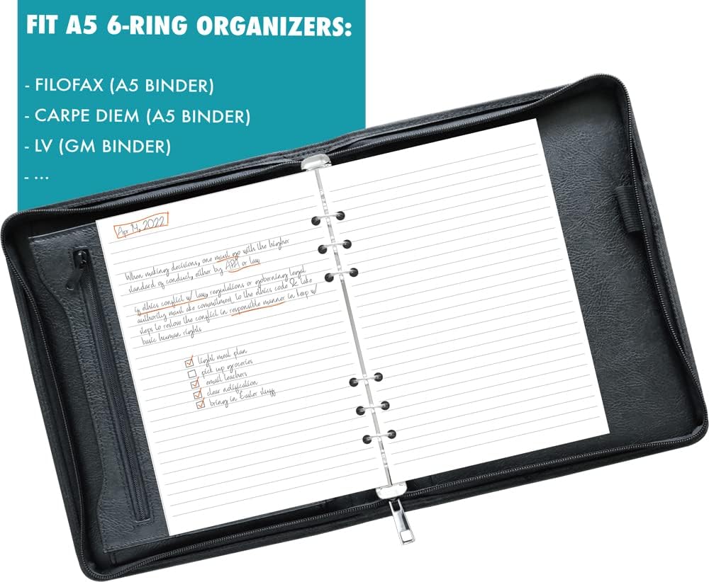 A5 Lined Paper 6-Hole Punched, 100 Sheets (200 Pages), Compatible with Filofax A5 Organizer, 100gsm, White