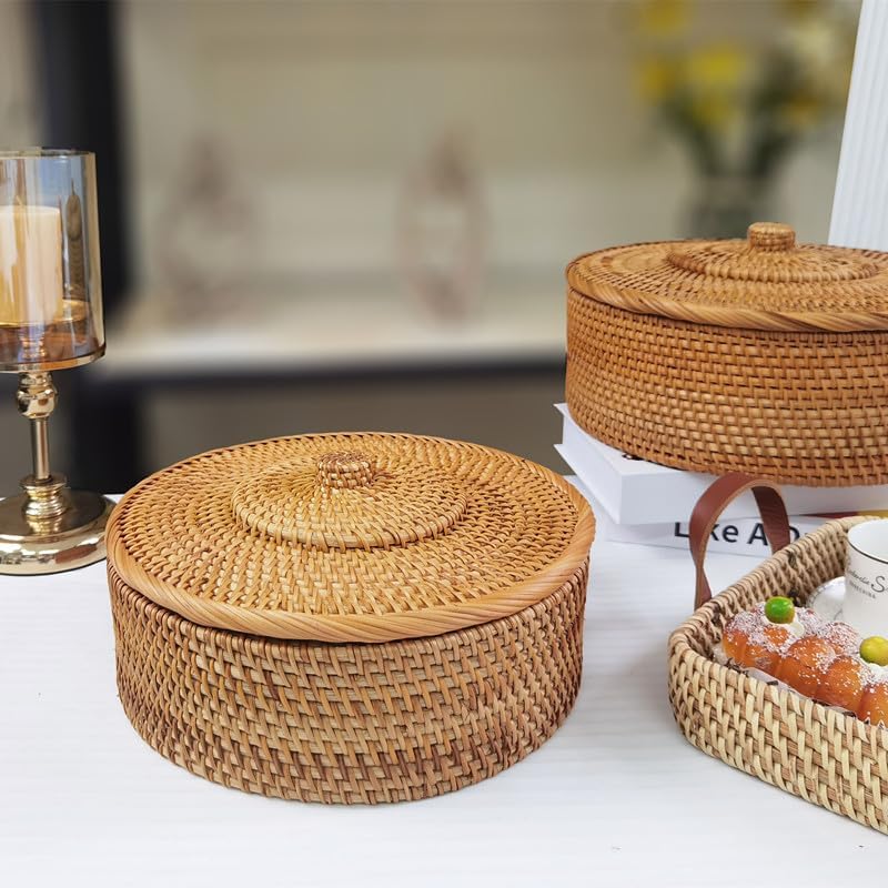 Rattan Basket With Lid, Lidded Wicker Storage Basket for Organizing, Woven Bo...