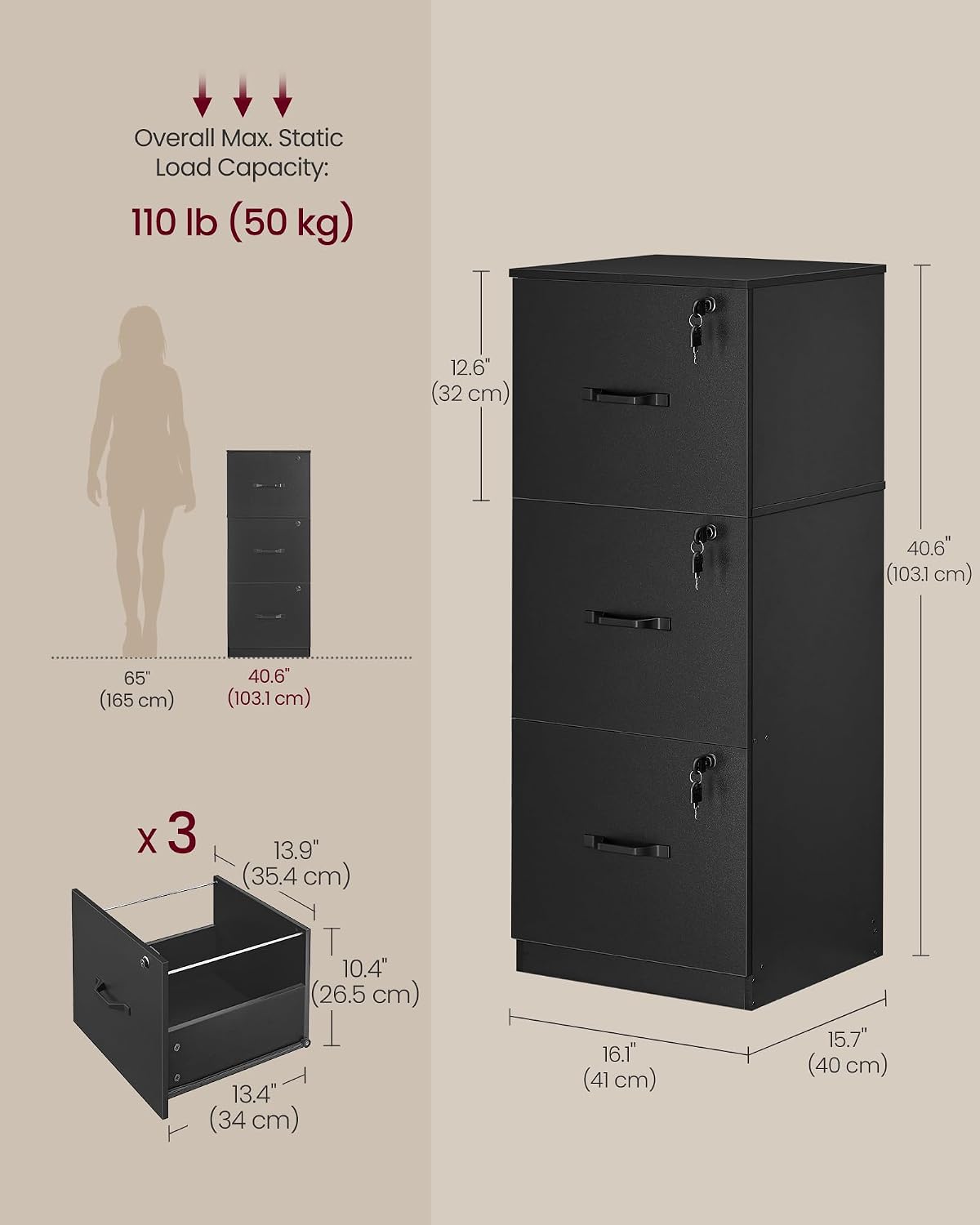 vasagle 3 drawer file cabinet with locks, for shown in use