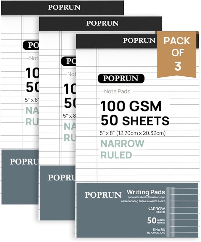 POPRUN Small White Legal Pads 5 x 8 Narrow Ruled, 100GSM Writing Paper Pad by POPRUN