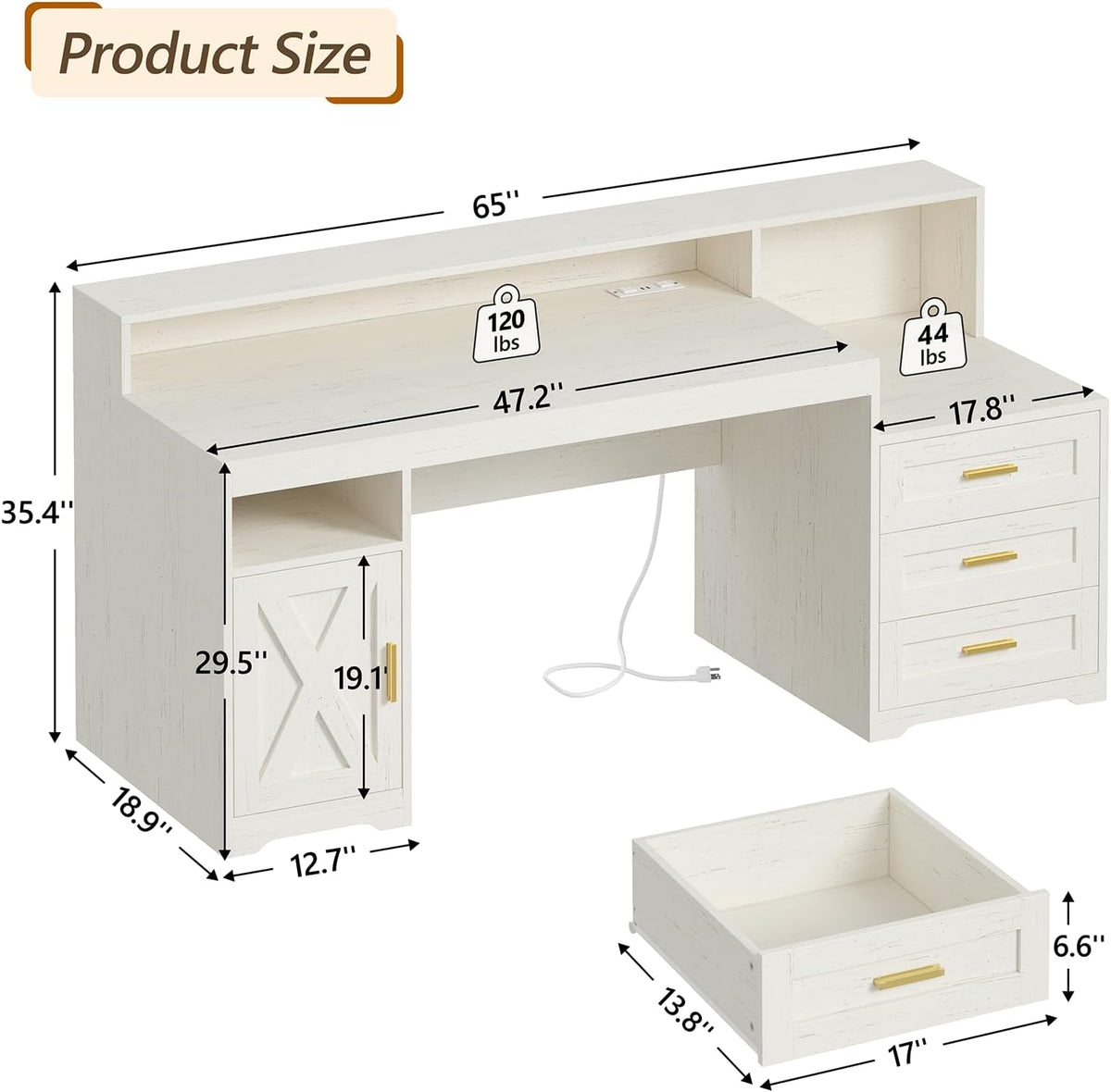 TVU 65" White Computer Desk with Drawers and Printer Stand for Home Office