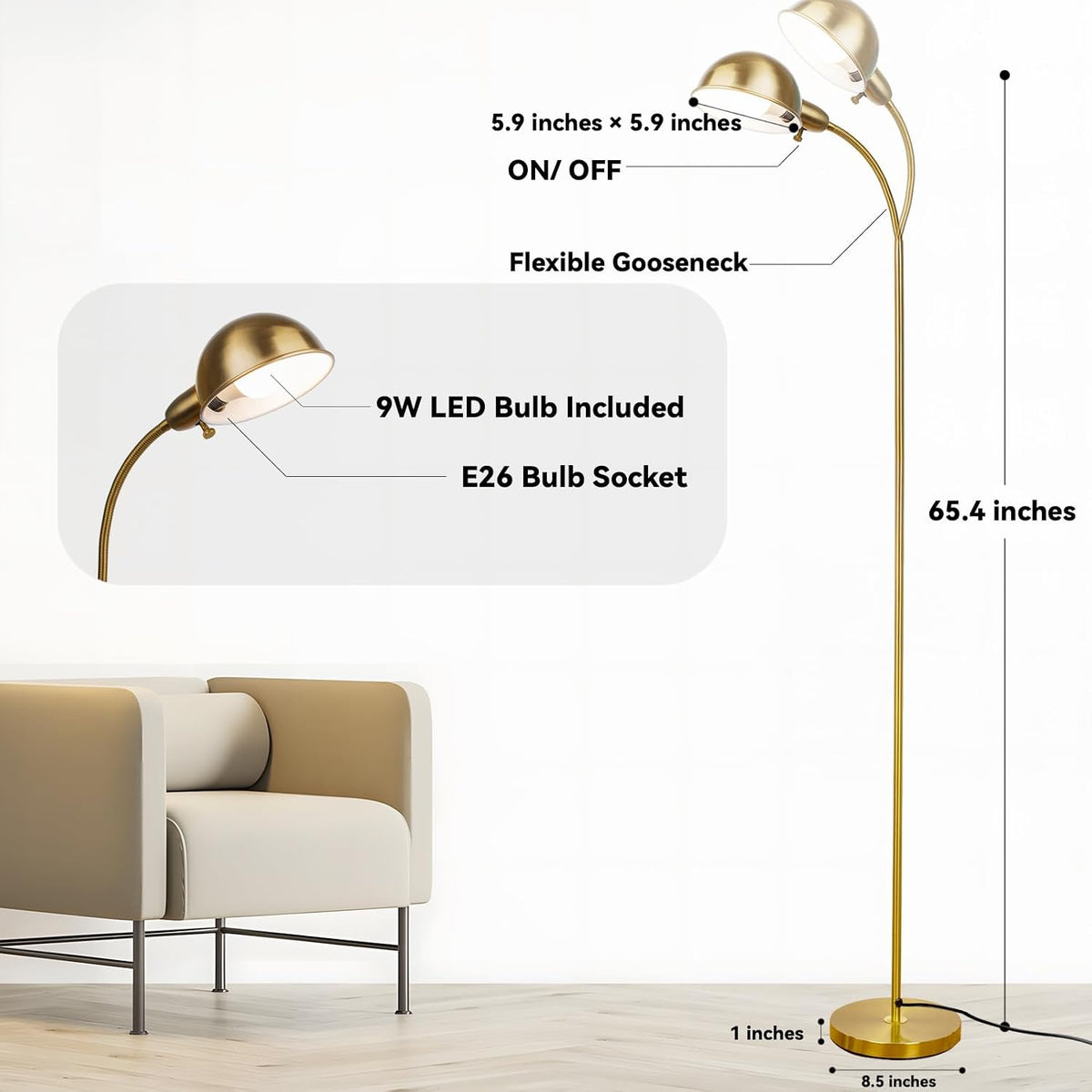 LALISU Modern Metal Reading Standing Floor Lamp with Rotatable Shade, Gold