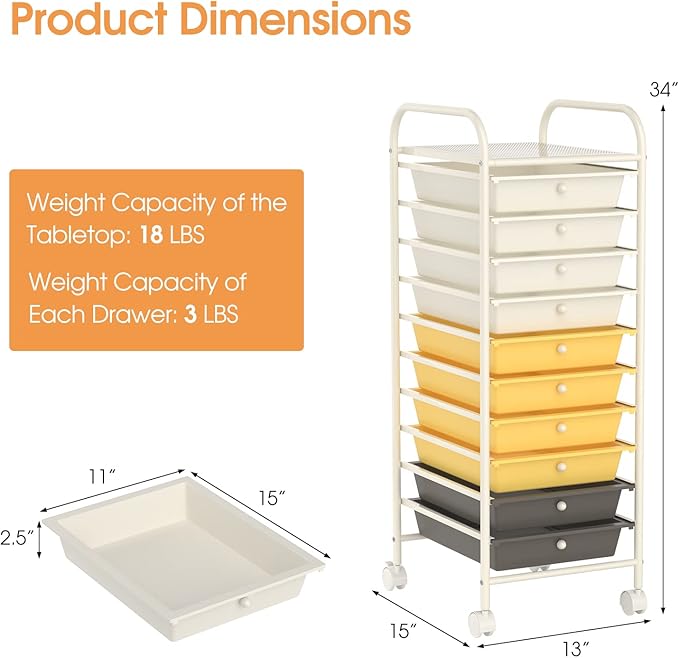 GLACER 10 Drawers Rolling Cart, Storage Cart - Image 3