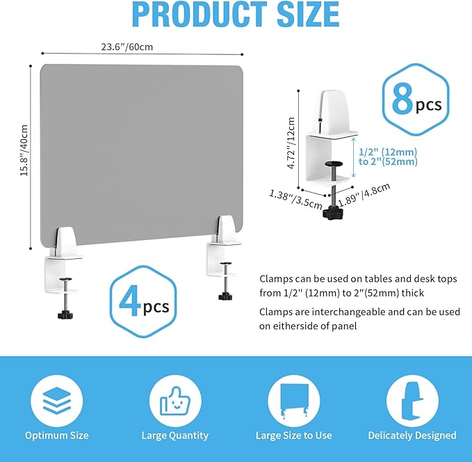 Desk Divider 4 Pcs Desk Privacy Panel 23.6''L x 15.8W'' Office Partitions Grey - Image 2