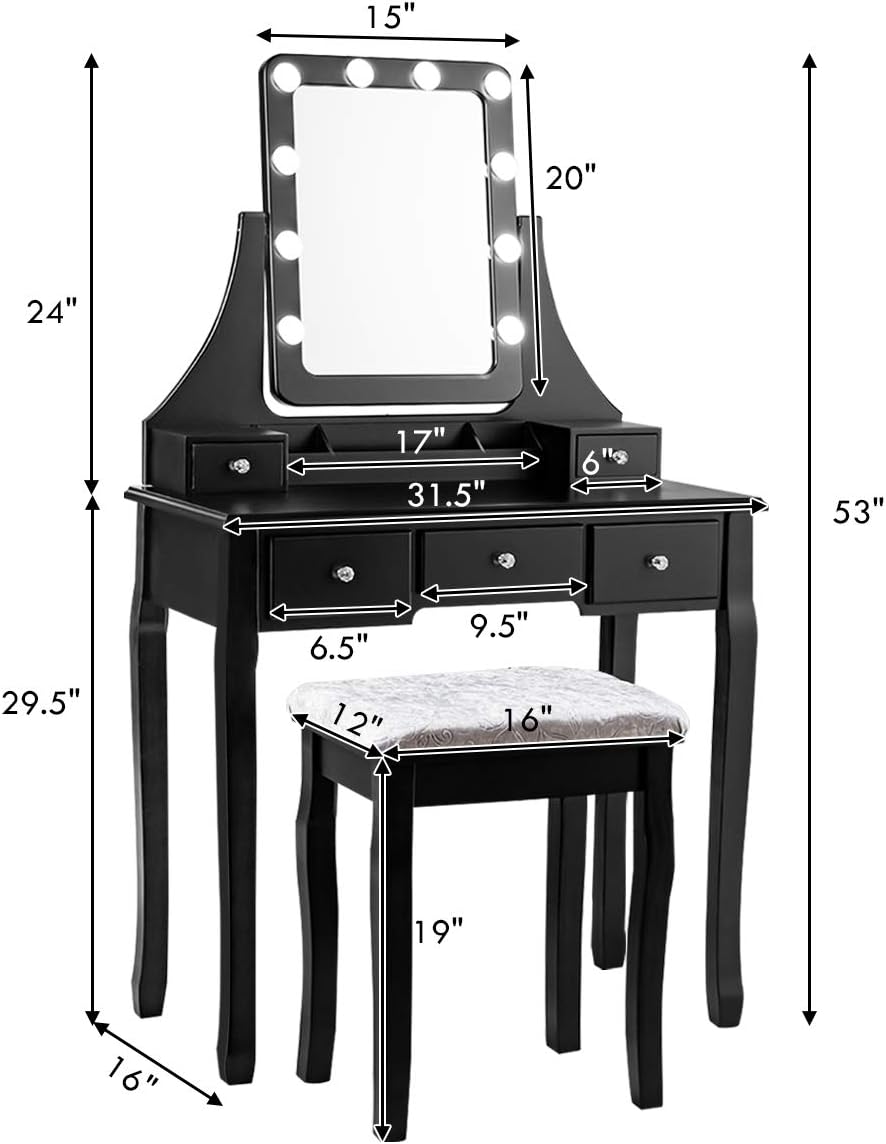 CHARMAID LED Vanity Desk with Lighted Mirror, 10 Dimming Bulbs, 5 Drawers, 3 ...