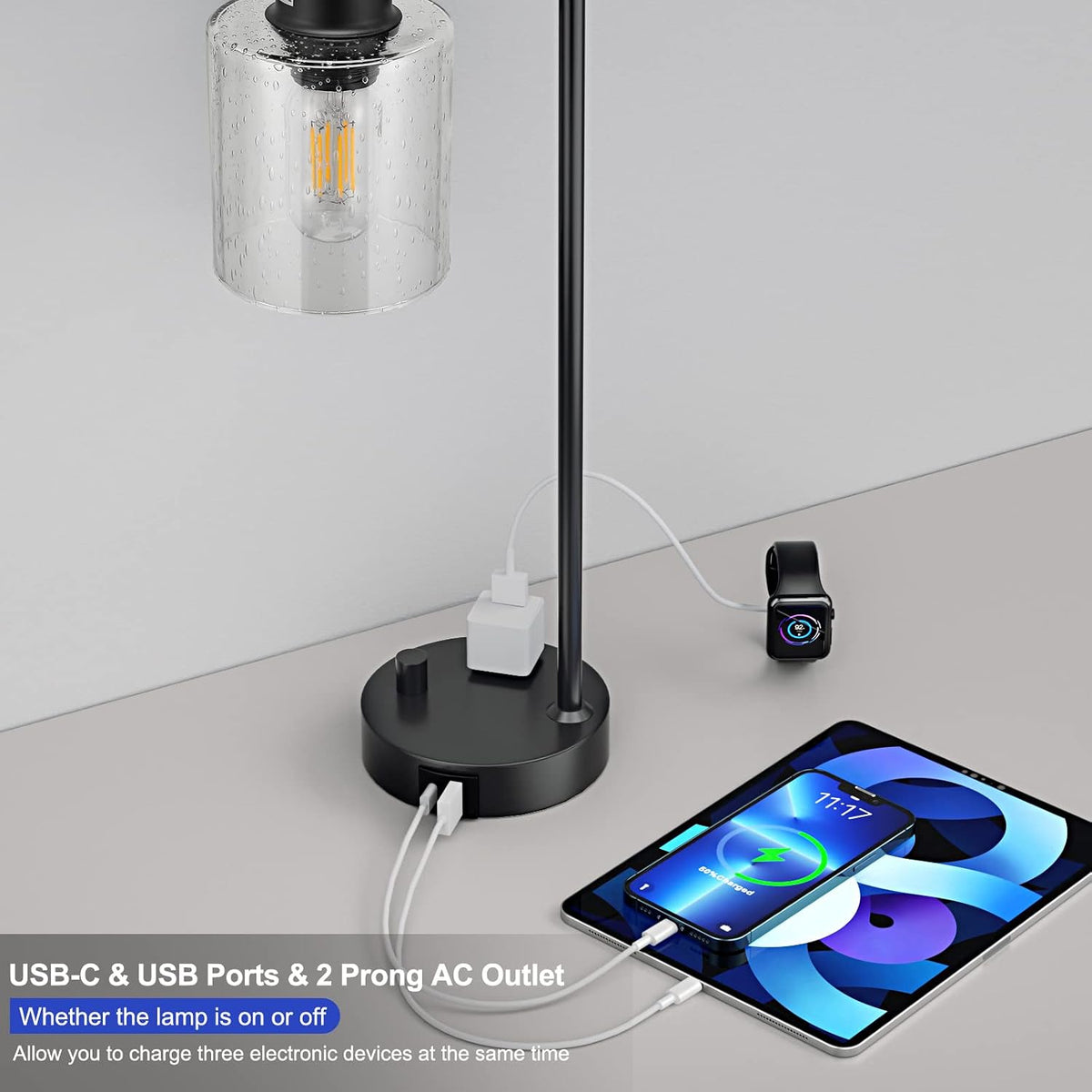 industrial desk lamp, fully dimmable small bedside table, close-up detail