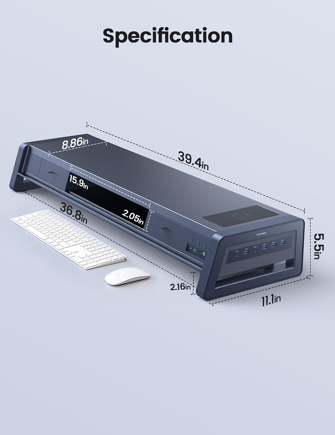 vaydeer all-in-one dual monitor stand riser with 2, front angle view