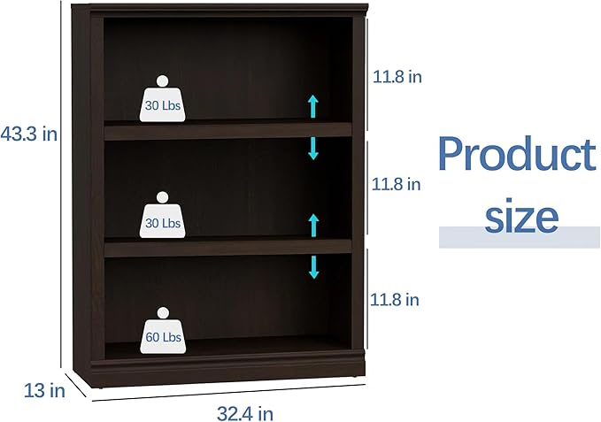 blini 3-Shelf Bookcase Wooden Bookshelves Dark Cherry 33in Wide Floor Standing - Image 3
