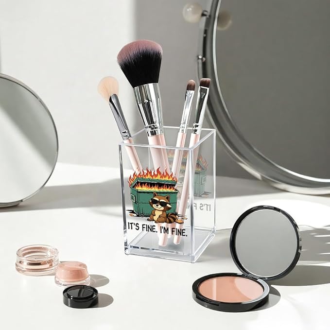 Vgrti It's Fine I'm Fine Acrylic Cosmetic Pencil Pen Holder Cup, Funny Raccoon - Image 3
