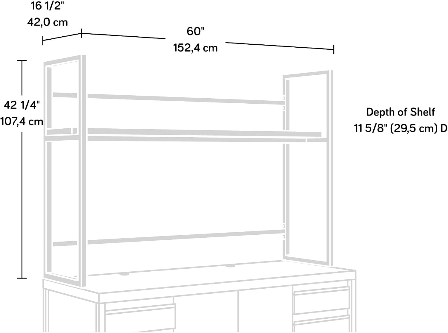 60" Desk Hutch with 1-Inch Thick Top Brown Engineered Wood Desktop Hutch 2 Open Shelves for Office Dorm Home Vertical Storage Organizer