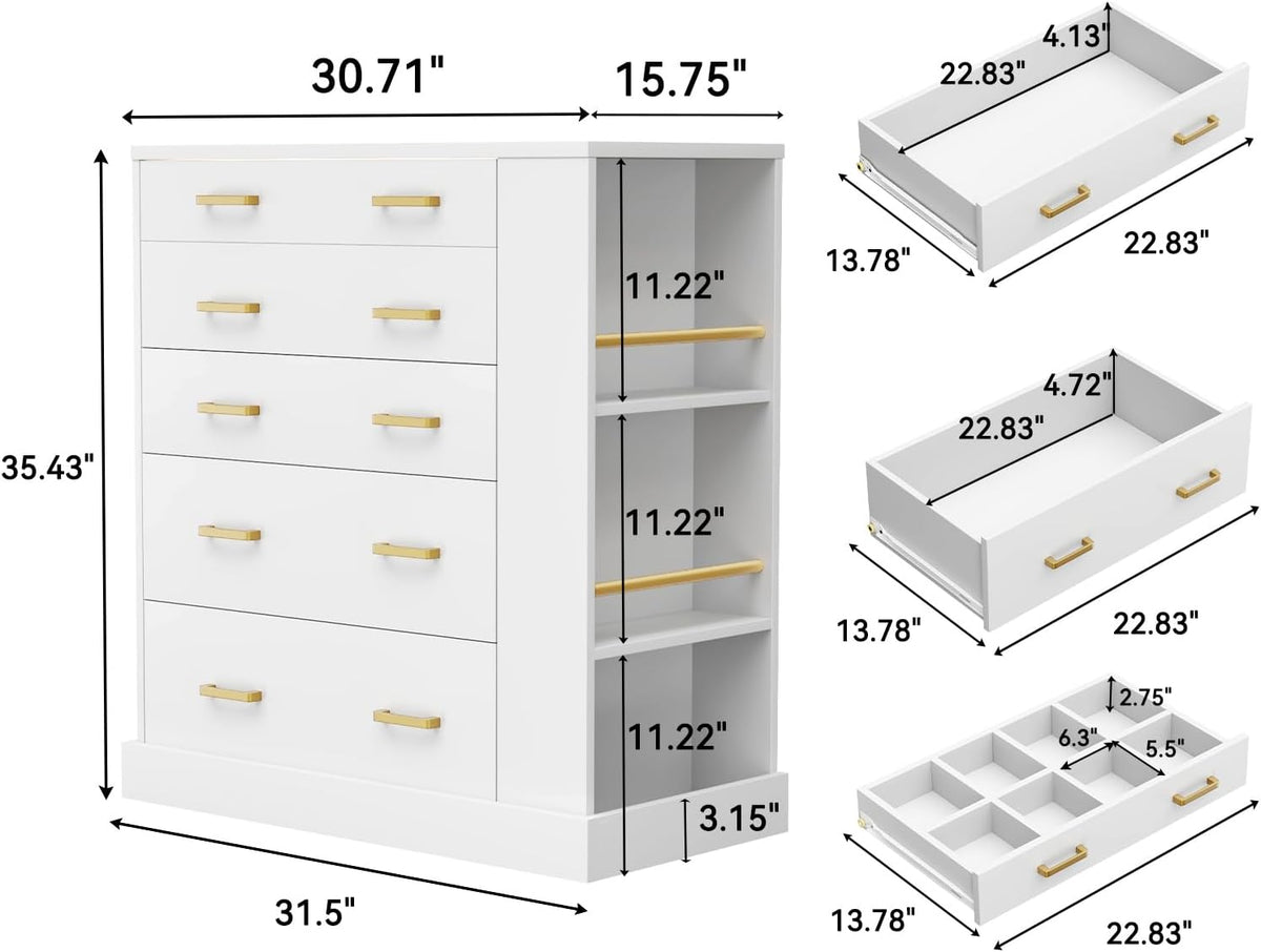 Drawer Dresser with Glass Top, LED Lights, 3 Open Shelves