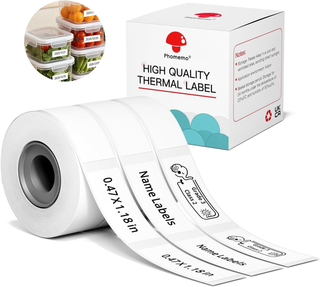 Phomemo Labels, D30/D30D Thermal Labels, 12mmX30mm Black On White, 3 Rolls | 0.47" x 1.18" D30D Waterproof Thermal Food Storage Stickers, BPA-Free Clean Tear for Home School Office Organization