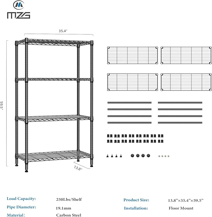 M MZG 1000 lbs 4 Tier Shelf Metal Storage Shelves Shelving Wire Rack Heavy Duty - Image 3