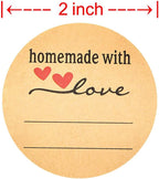 2 Inch Homemade with Love Stickers, 500 Pcs Kraft Label Stickers with Lines | Round Brown Canning Labels for Mason Jars, Food Containers, Candle, Baked Goods, Self-adhesive Love Stickers, Matte Finish
