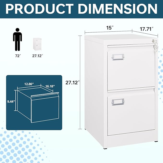 MIIIKO White 2 Drawer File Cabinet, Vertical Filing Cabinet - Image 3