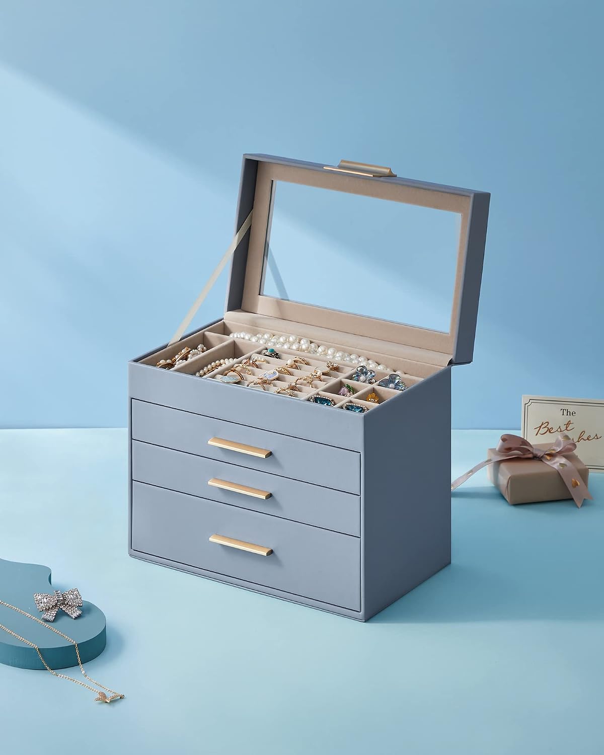 SONGMICS Jewelry Box Organizer, 4-Layer Storage with 3 Drawers, Glass Lid