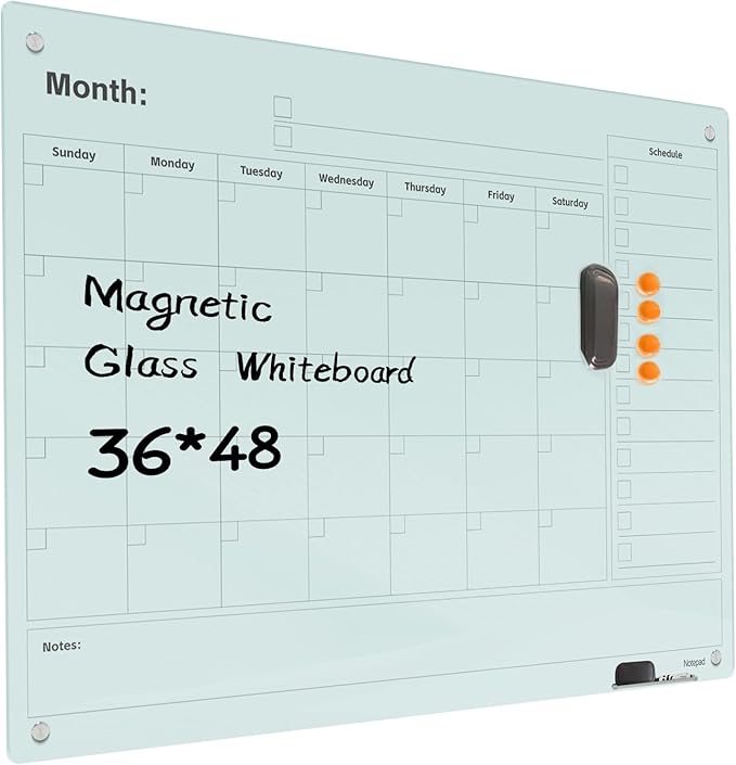 Magnetic Glass Dry Erase Board Calendar- White Board 48 x 36 Inch Wall Mounted by Unknown