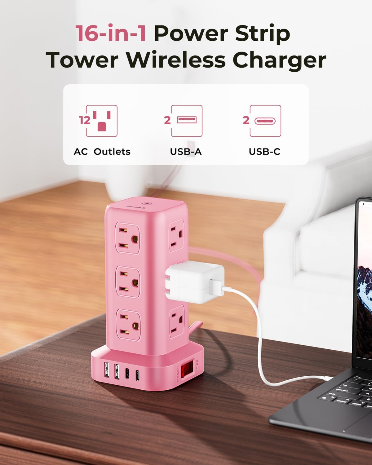 Power Strip with 12 Outlets 4 USB (1 USB C), 6.5Feet Extension Cord with Mult...