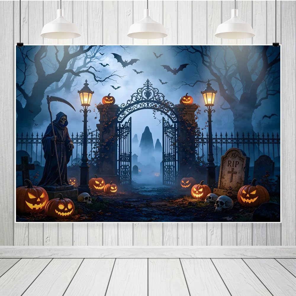 Halloween Graveyard Backdrop Misty Cemetery Skull Pumpkin Lantern Haunted Hou...