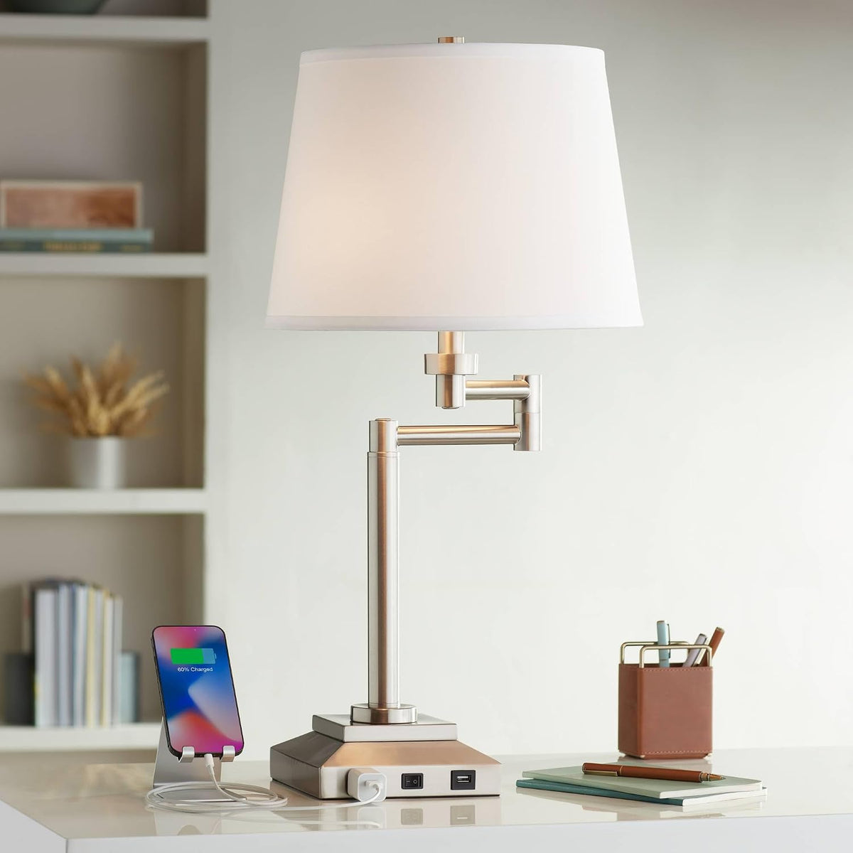 Camber 28" Tall Desk Lamp Workstation Swing Arm USB and Outlet Hotel