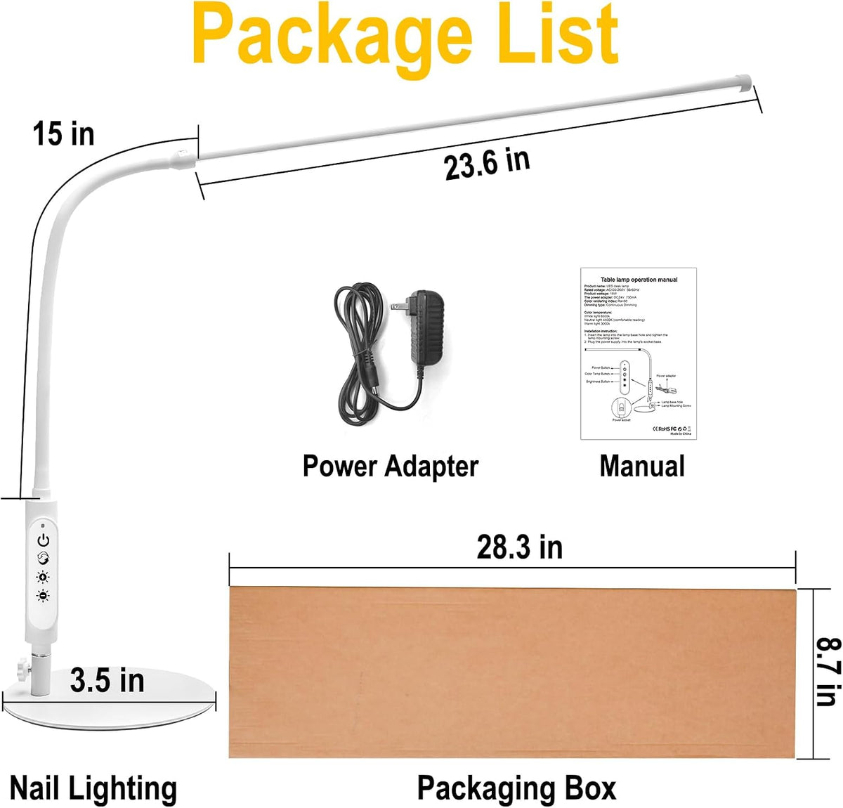 CGBE LED Desk Lamp, 23.6" Nail Light for Desk with Adjustable Gooseneck