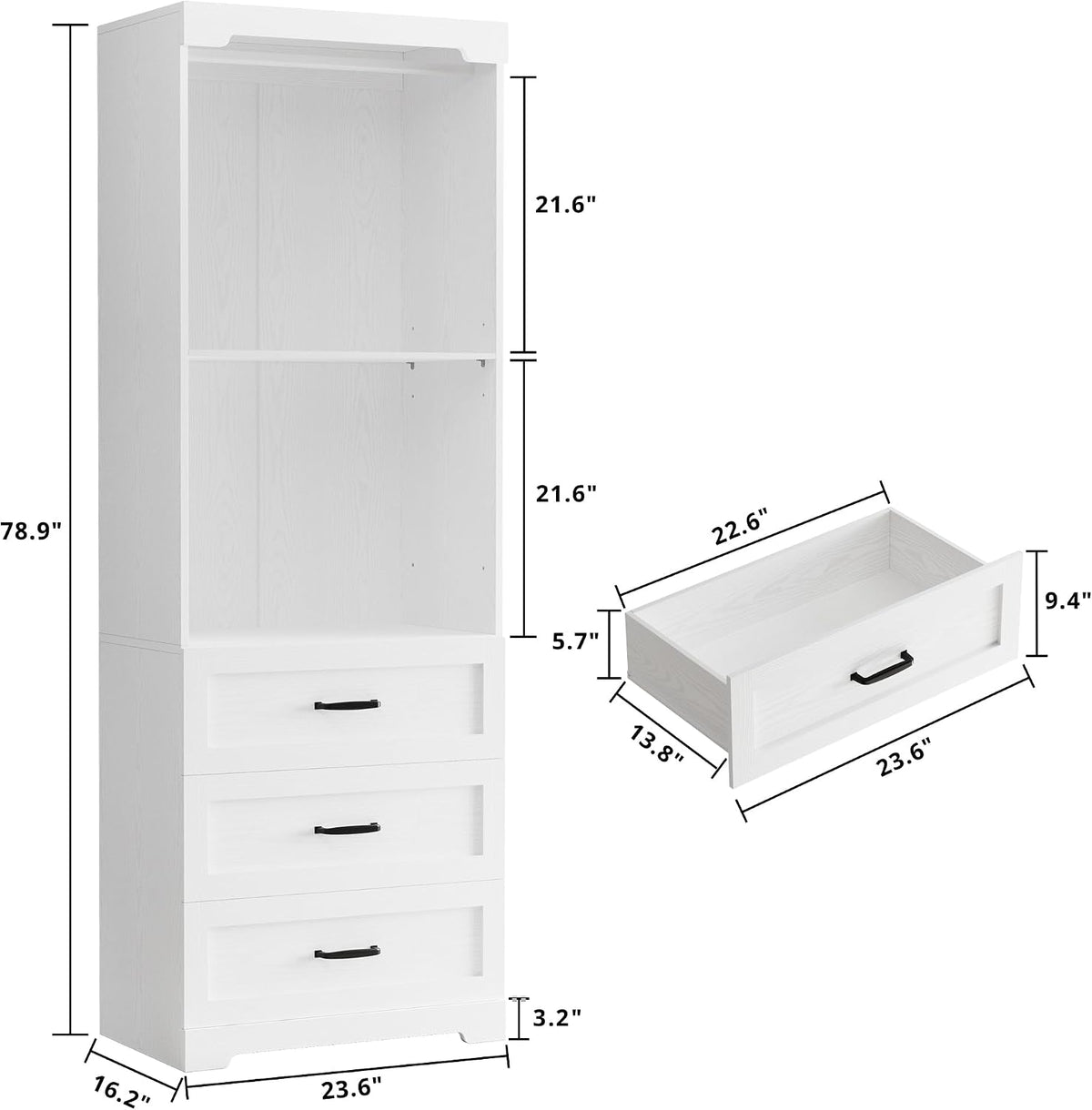 IRONCK Freestanding Closet System with Adjustable Shelves & 3 Drawers
