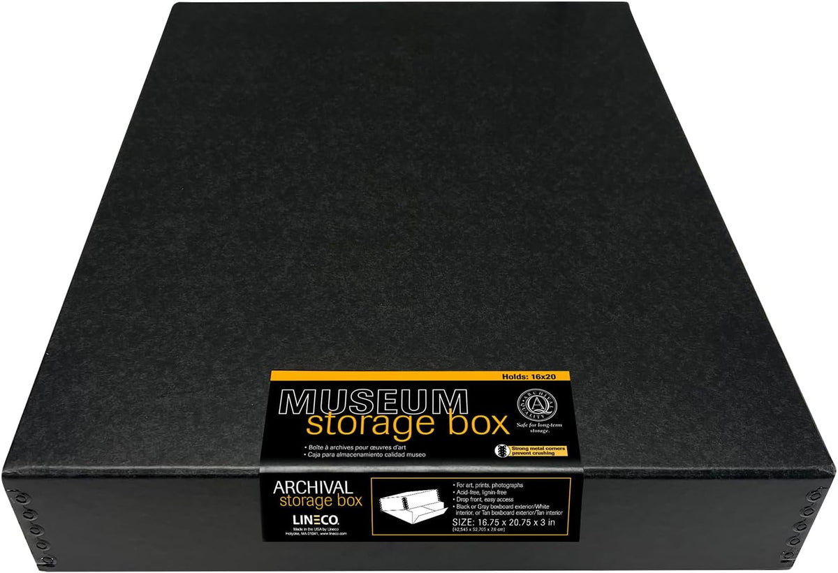 lineco museum archival storage box, drop front, 16.75x20.75x3 shown in use