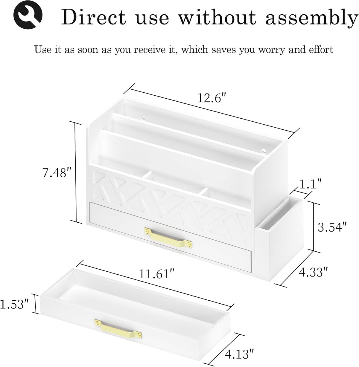 Wisuce Bamboo Mail Organizer Countertop with Drawer and Pen Holder, White