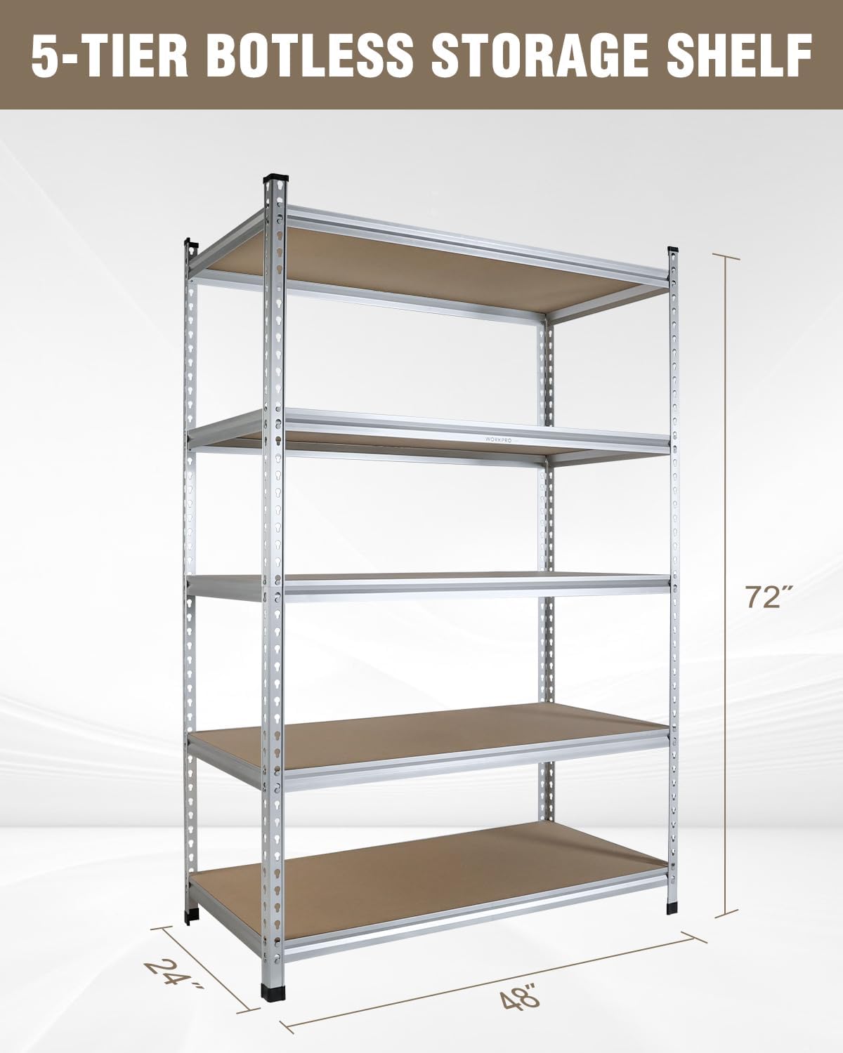 workpro 5-tier shelving, 48”w x 24”d x 72”h, close-up detail