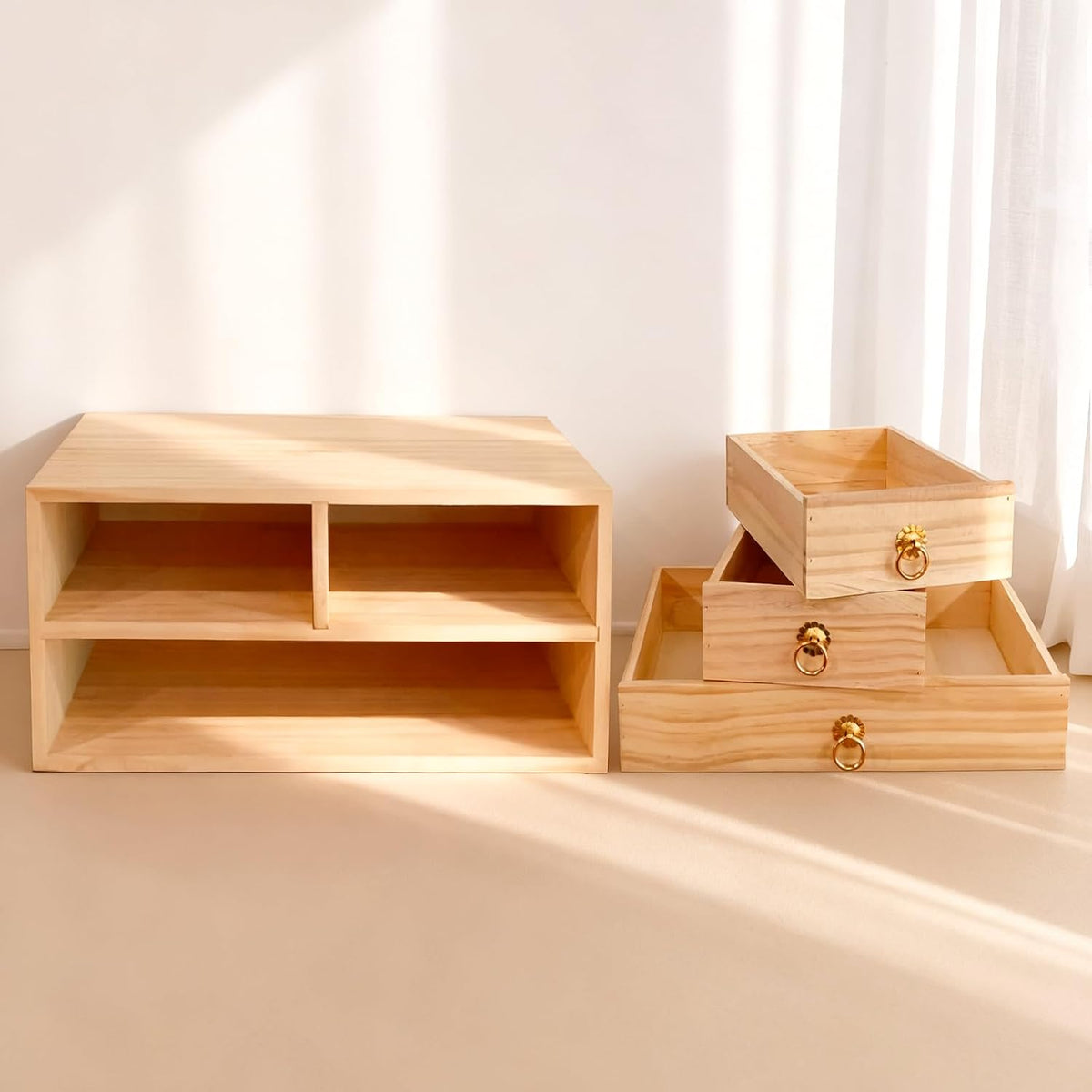 2 Layer Desk Organizer Natural Wooden Storage Box Counter Drawer