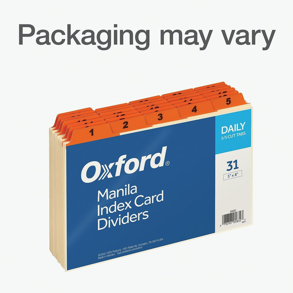 Oxford 05832 Laminated Tab Index Card Guides, Daily, 1/5 Tab, Manila, 5 x 8 (Set of 31)