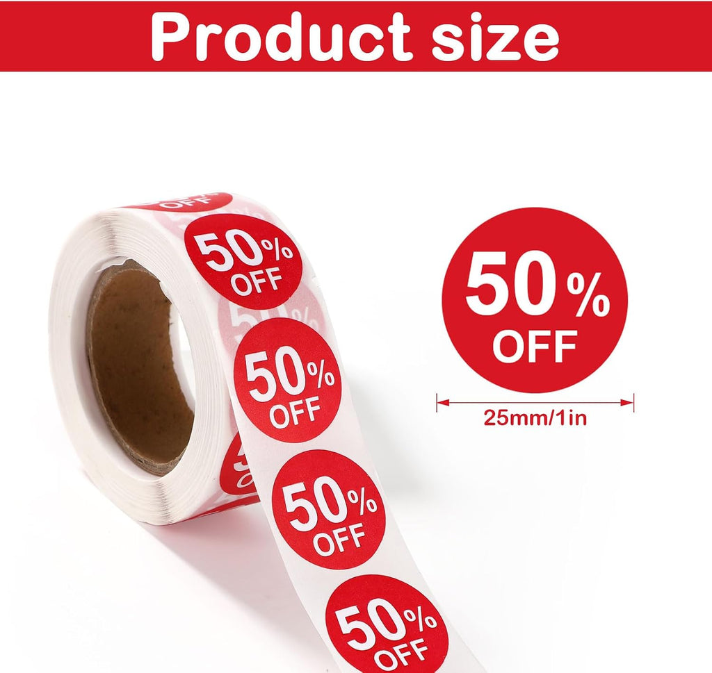 1000pcs 50 Percent Off Stickers, 1 Inch Round Self Adhesive 50 Percent Off Discount Stickers Practical Promotion Price Labels Store Promotion Signs for Supermarkets Shops (Red) | Self Adhesive 50 Percent Off Practical Promotion Price Labels Store