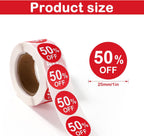 1000pcs 50 Percent Off Stickers, 1 Inch Round Self Adhesive 50 Percent Off Discount Stickers Practical Promotion Price Labels Store Promotion Signs for Supermarkets Shops (Red) | Self Adhesive 50 Percent Off Practical Promotion Price Labels Store