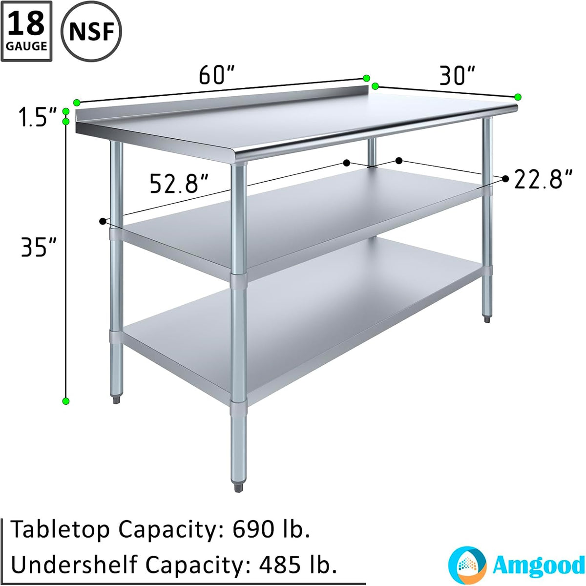 AmGood Stainless Steel Work Table with 1.5" Backsplash and 2 Shelves | M...