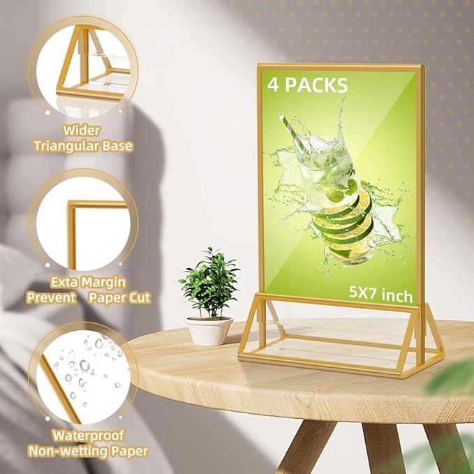 PPH-Sisy Acrylic Sign Holder 5X7 Gold Picture Frame, Double Sided Clear Display - Image 2