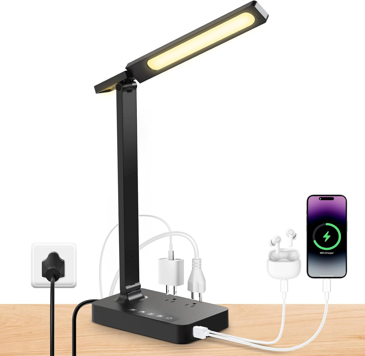 Desk Lamp with USB Charging Port: Table Lamp with Charging Station - 2 Outlet...