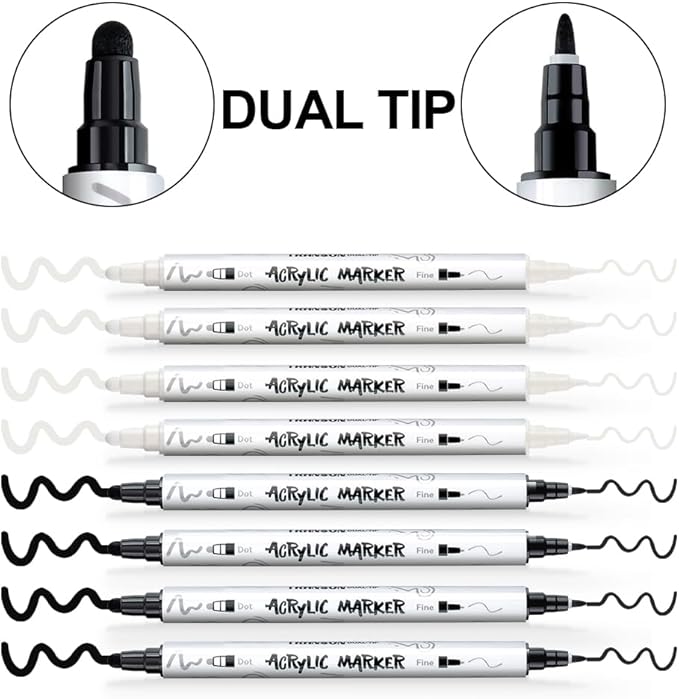 TRANSON 4 Black and 4 White Paint Markers Bold and Fine Dual-tip Acrylic Paint - Image 4