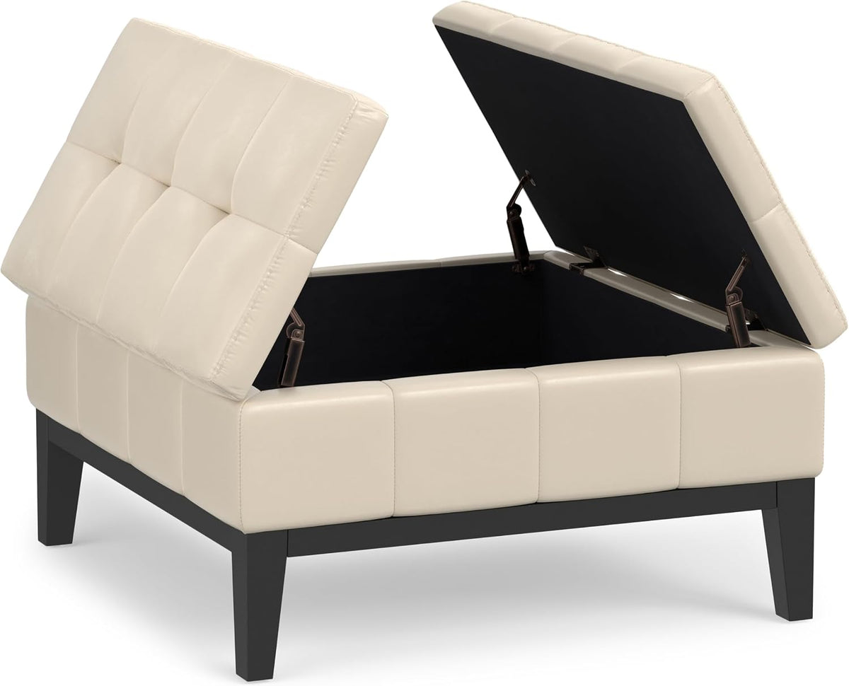 SIMPLIHOME Dover 36" Wide Vegan Leather Storage Ottoman in Satin Cream