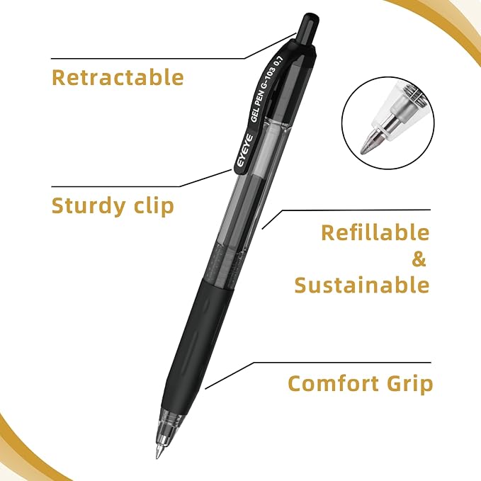 EYEYE G-103 Retractable Gel Pens Black 0.7mm, 50 Pack Medium Point Gel Ink Pens - Image 3