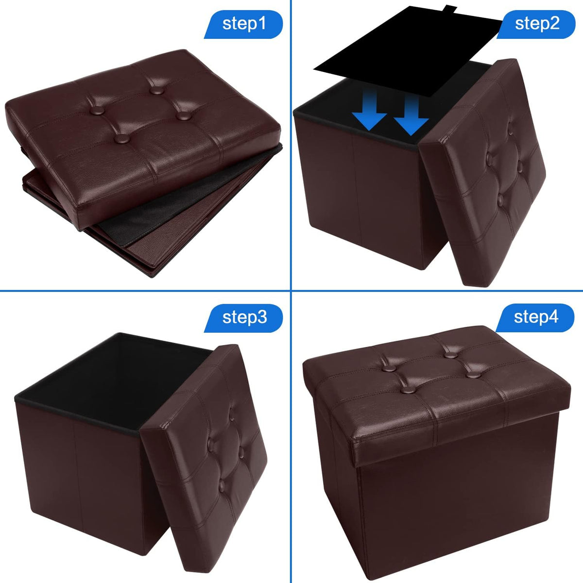 Bsketa Storage Ottoman Bench, 17" Folding Leather Foot Rest, Brown 2 Pack