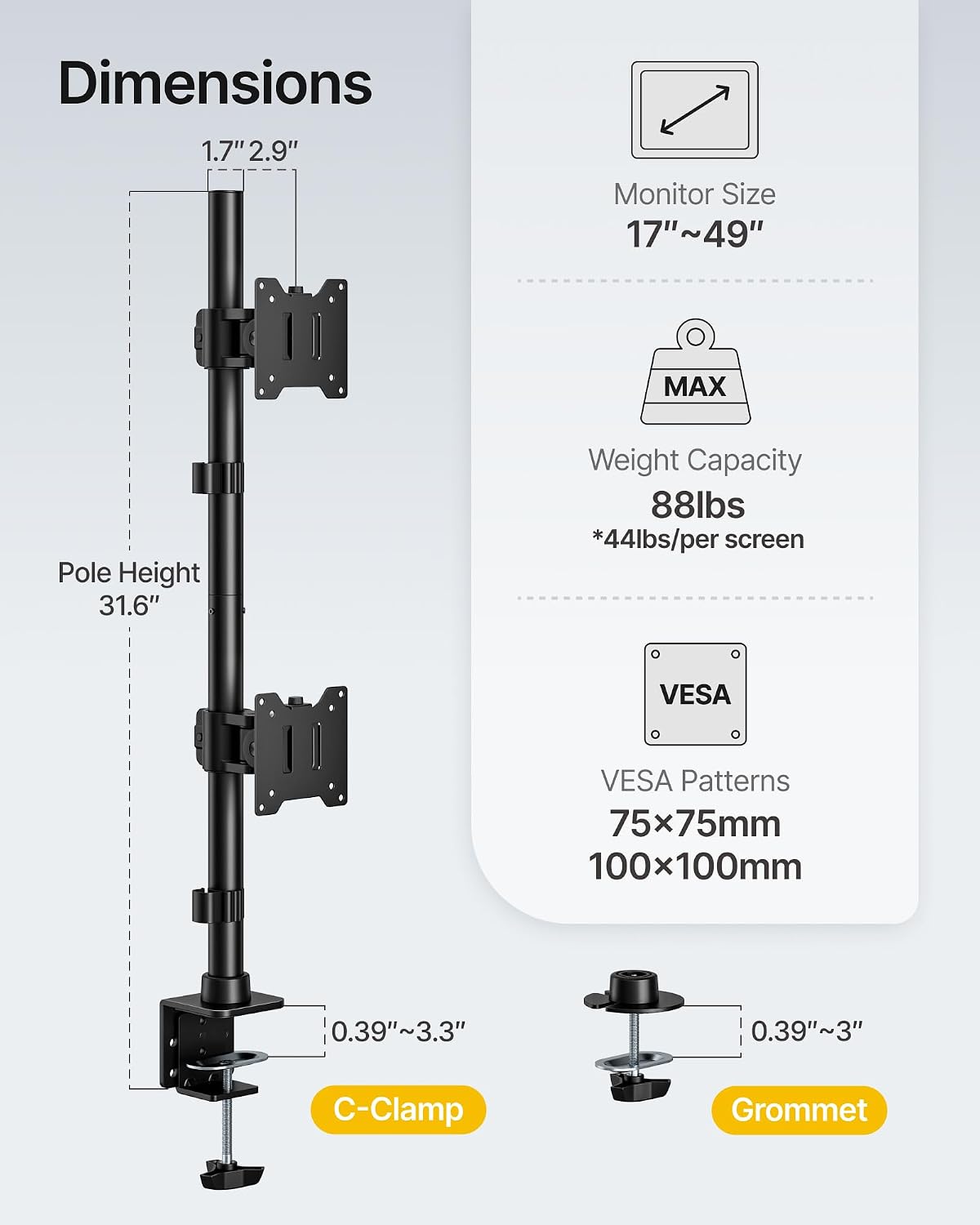 monTEK Heavy-Duty Stacked Dual Monitor Stand for 17-49" Screens