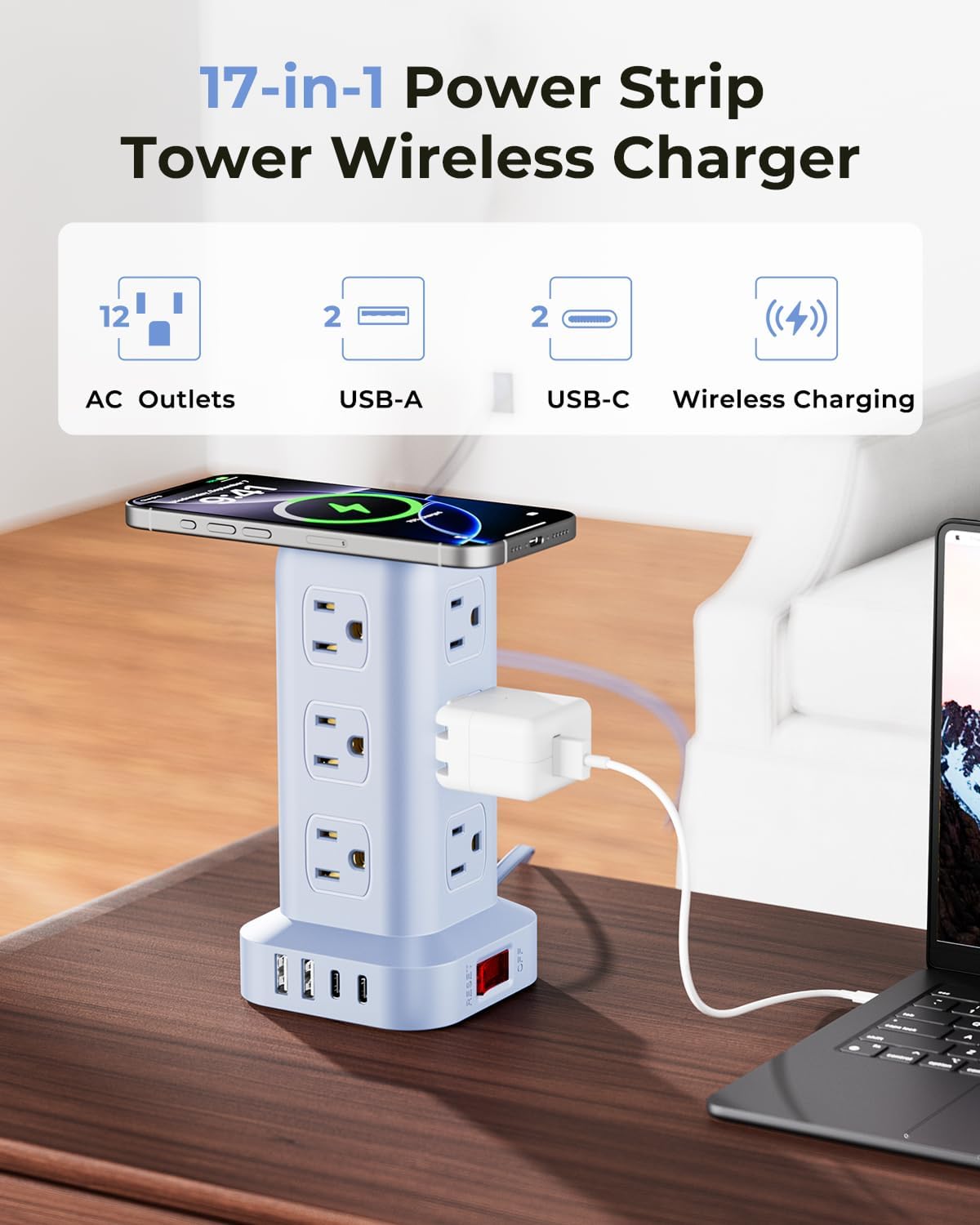 Blue Power Strip with 12 Outlets 4 USB (1 USB C), 6.5Feet Extension Cord with...