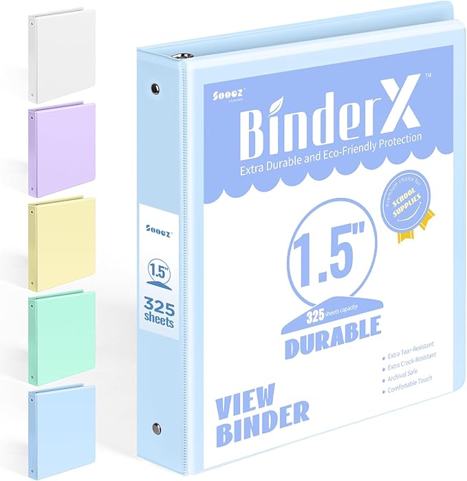 BinderX Extra Durable 1.5 Ring Binder, Round Ring 1.5 Inch Binders, Fits 325 by Sooez